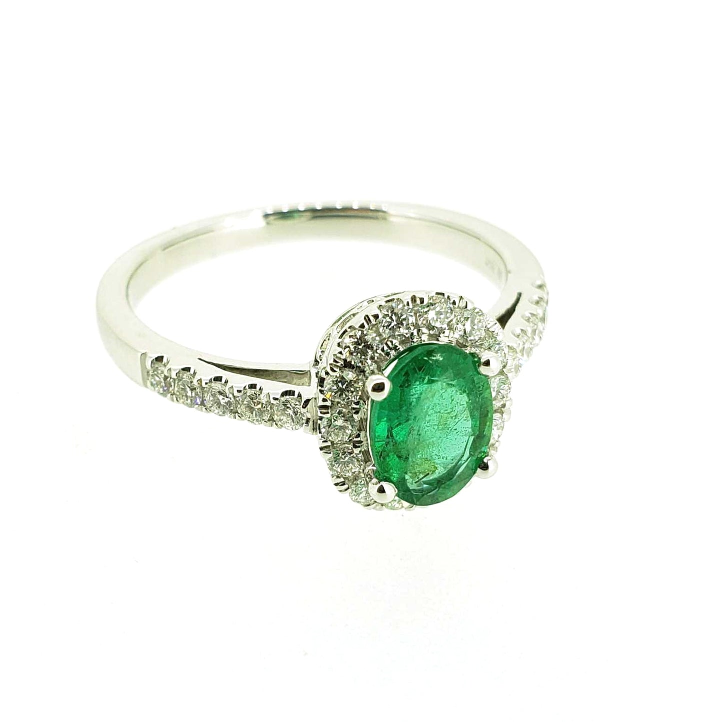 White Gold Emerald and Diamond Halo Ring