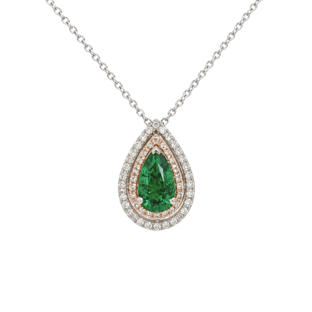 Two Tone Pear Emerald Tear Drop Necklace