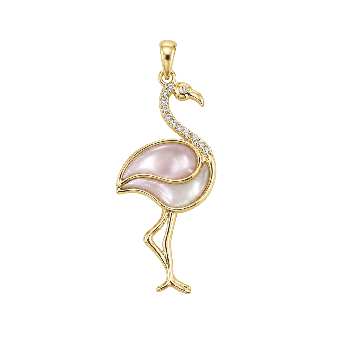 Yellow Gold Pink Mother of Pearl Flamingo Pendant