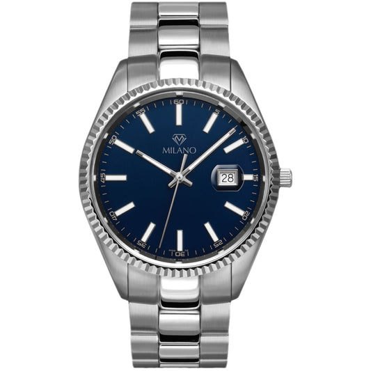 White Stainless Steel Dress Watch with Blue Dial and Fluted Bezel