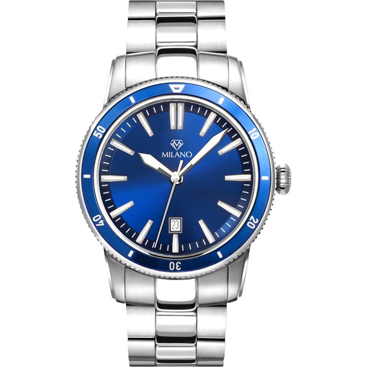 Stainless Steel Dress Watch with Blue Dial and Rotating Bezel