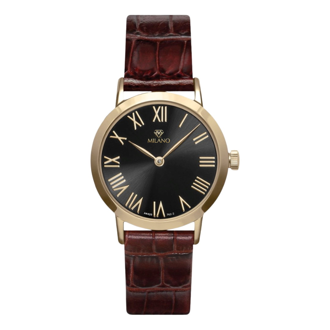 Yellow Stainless Steel Dress Watch with Black Dial and Brown Strap