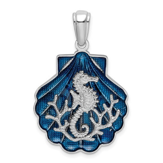 White Sterling Silver Shell Charm With Seahorse And Blue Enamel