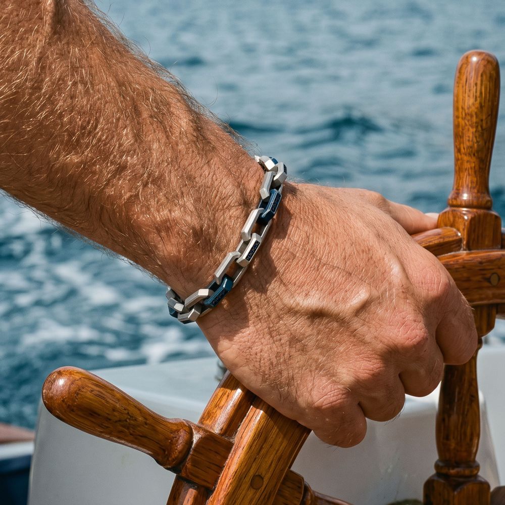 Stainless Steel and Blue Anchor Link Bracelet