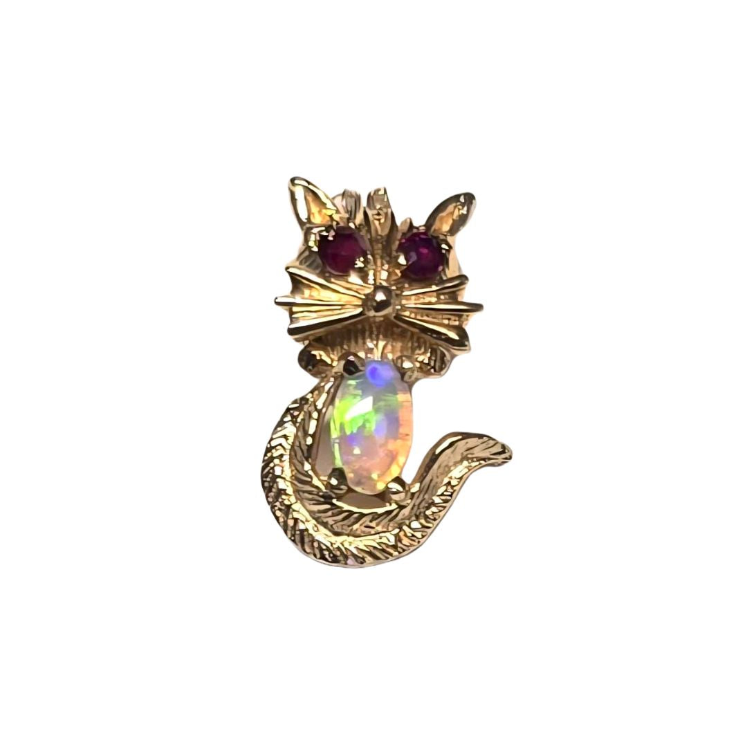 Yellow Gold Ruby and Opal Cat Pendant