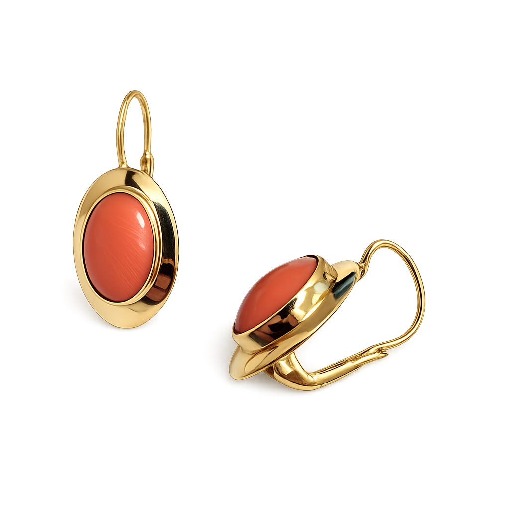 Yellow Gold Cabochon Coral Earrings