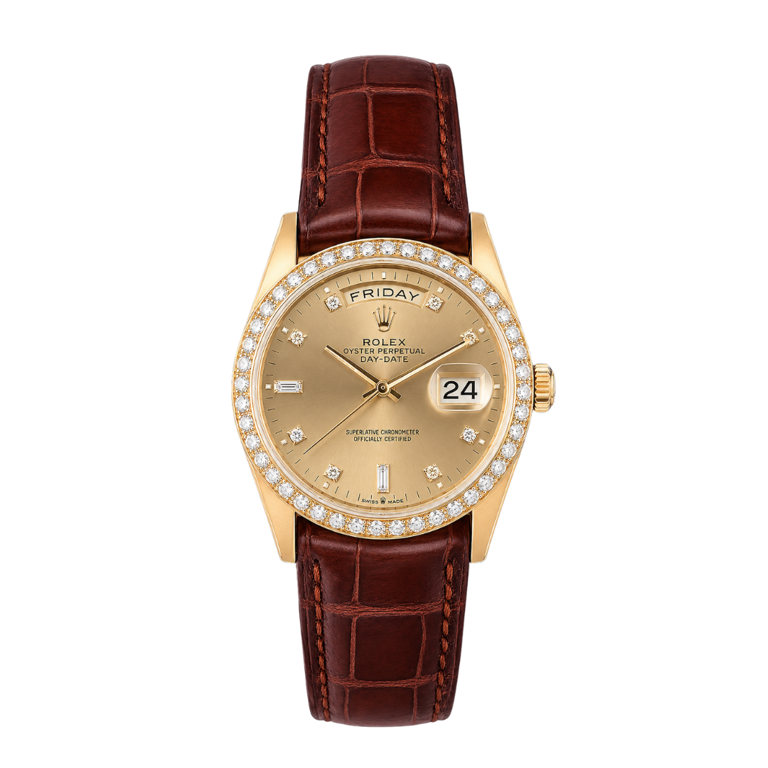 Rolex Day/Date President with Diamond Dial and Bezel on leather strap