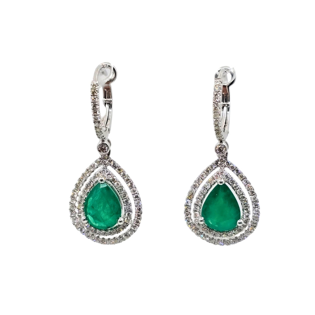 White Gold Pear Emerald and Diamond Drop Earrings