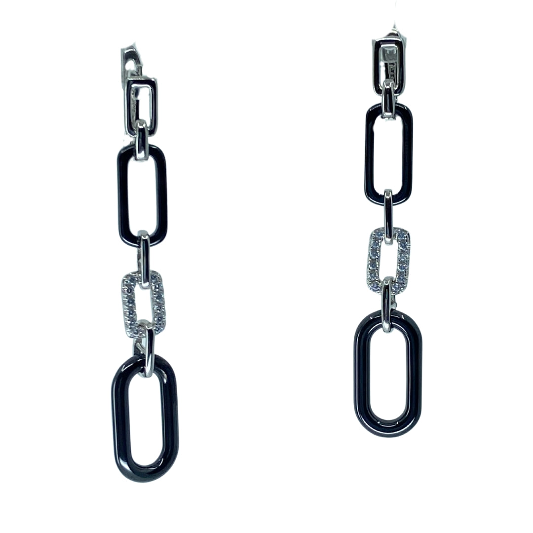 Two Tone Sterling Silver Black Enamel Drop Earrings