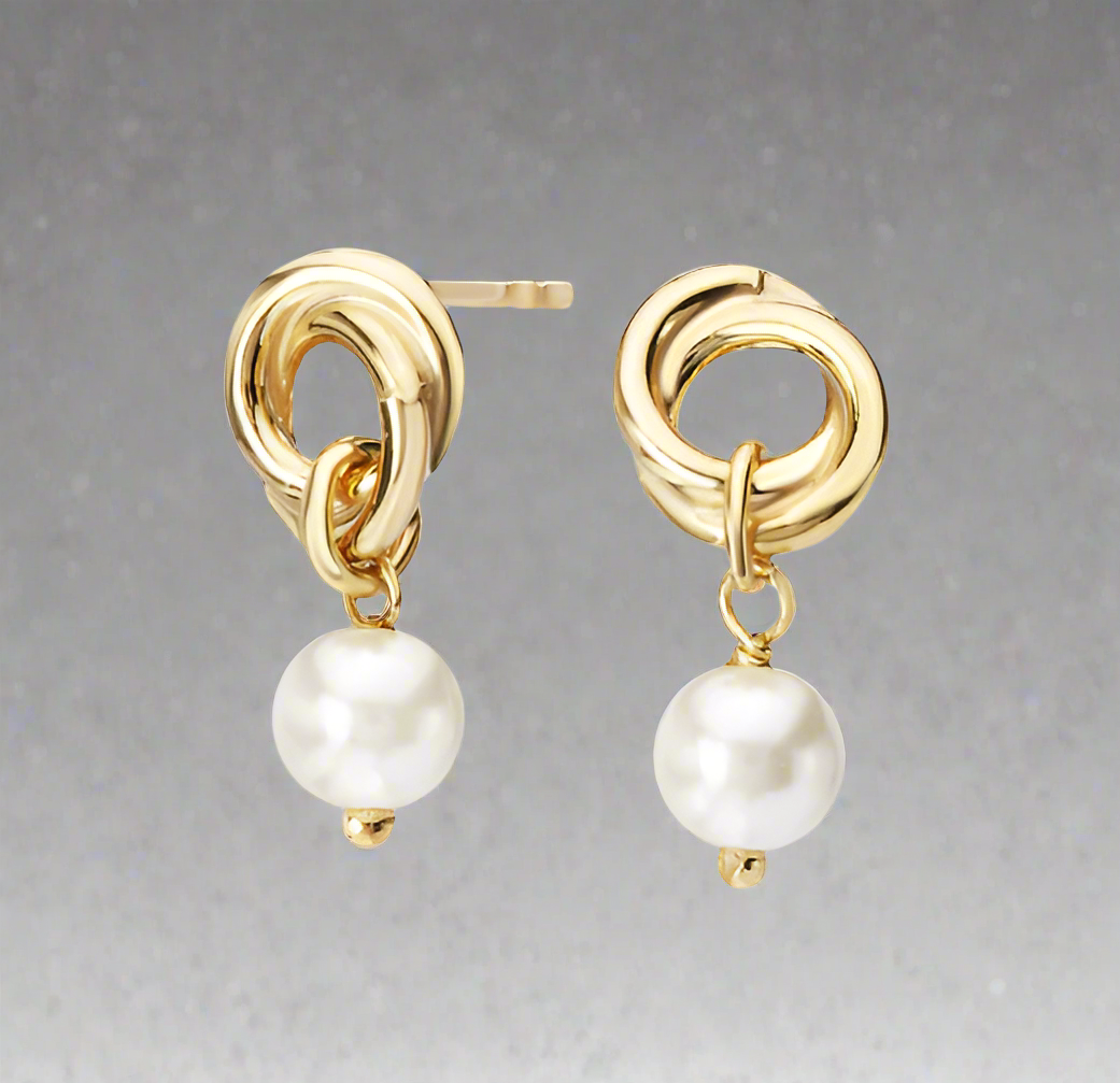 Yellow Gold over Sterling Silver Knot Earrings with Pearl
