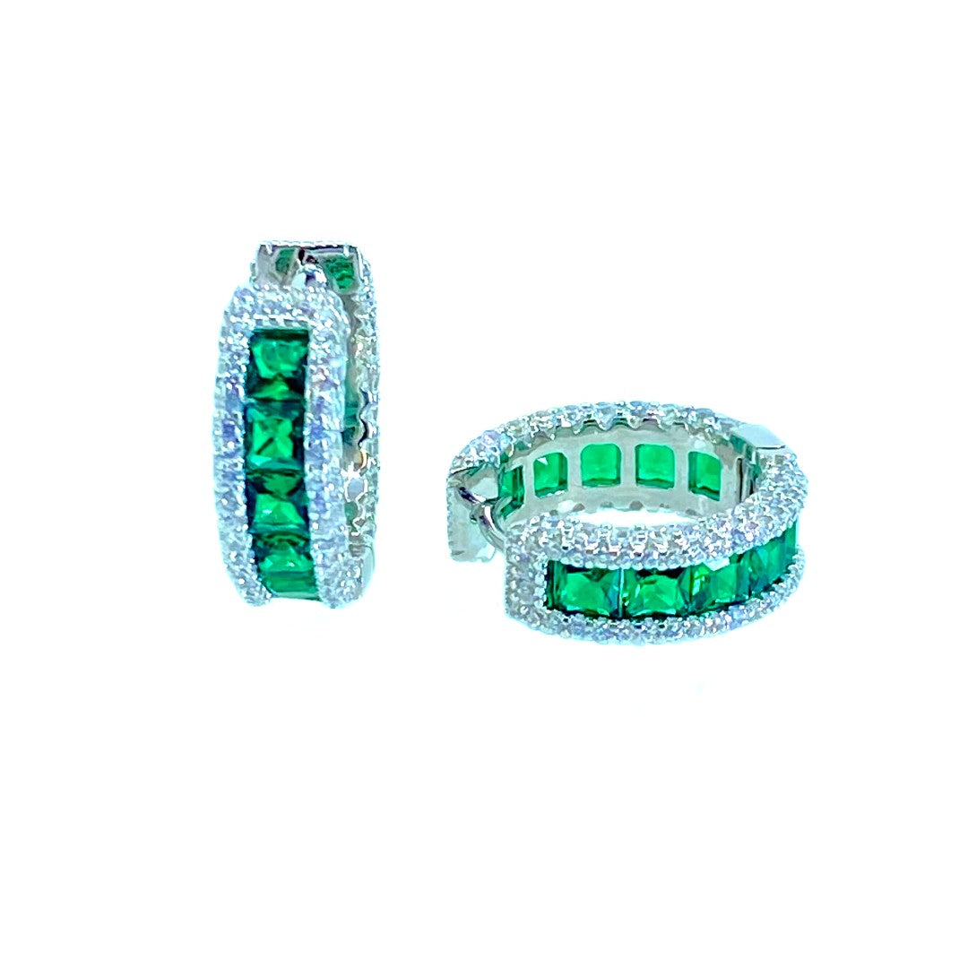 White Sterling Silver Green Cz Huggy Earrings