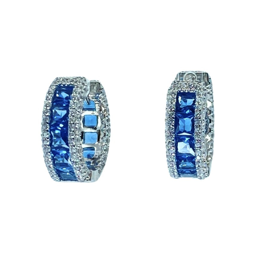 White Sterling Silver Blue Cz Huggy Earrings