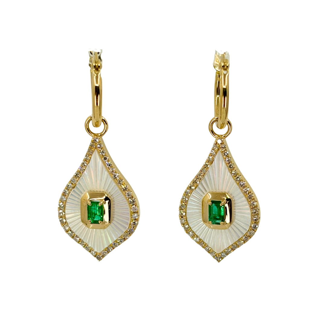 Fantasy Cut Mother of Pearl and Emerald Drop Earrings