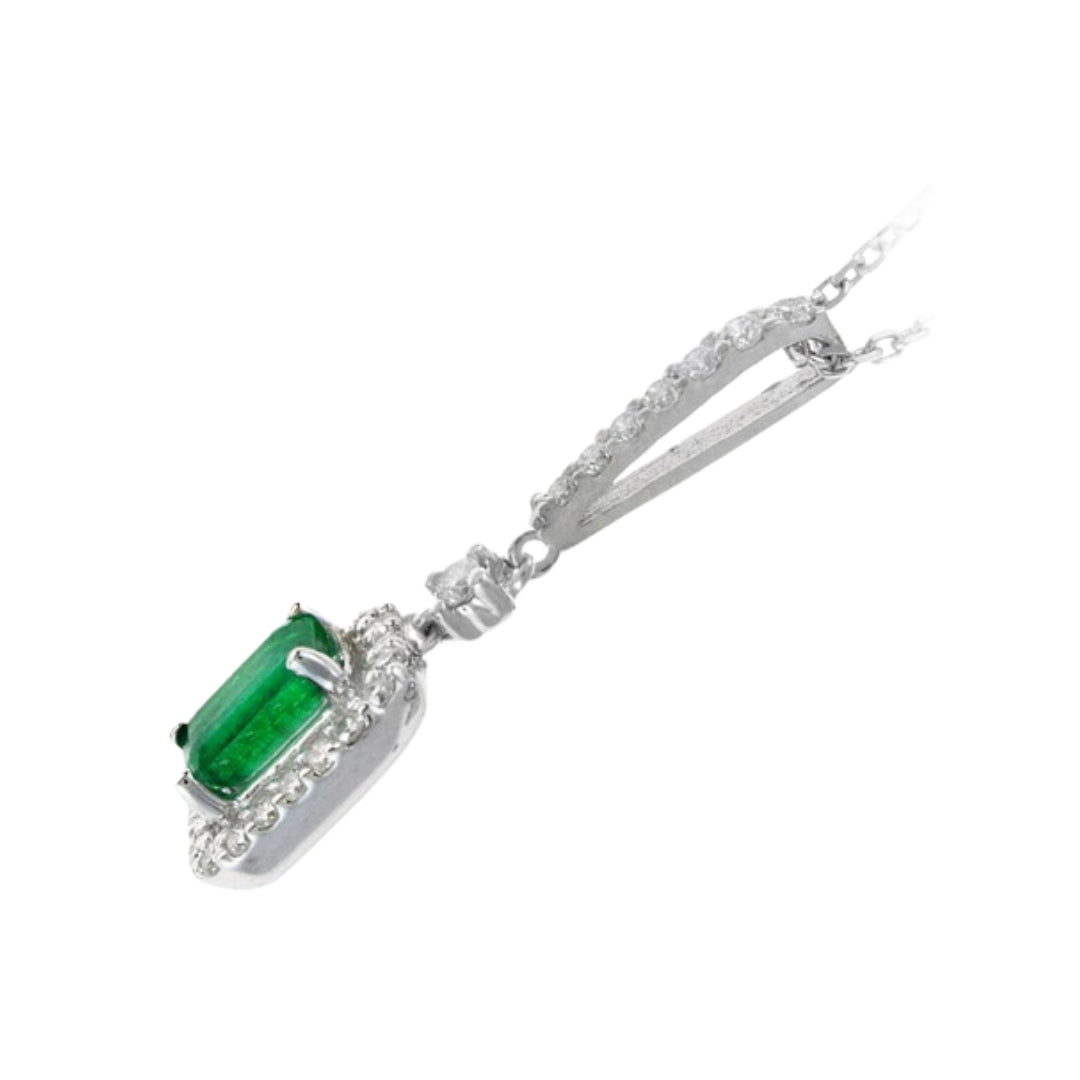 White Gold Halo Emerald Pendant with Elongated Bail