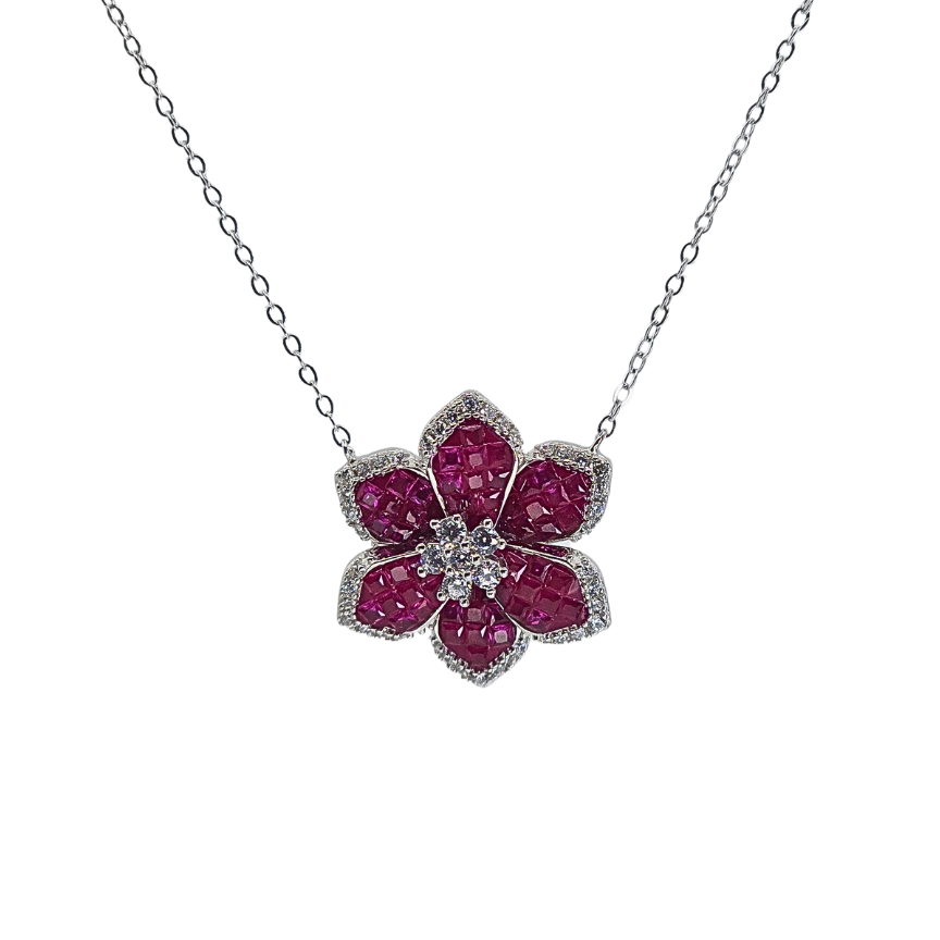 Large Sterling Silver Red Crystal Flower Necklace