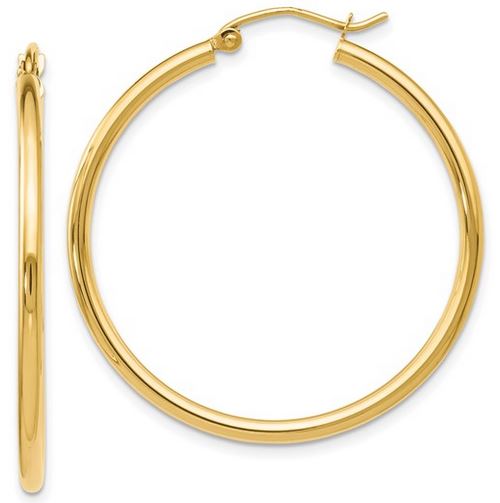 Large yellow gold hoop earrings on a white background.