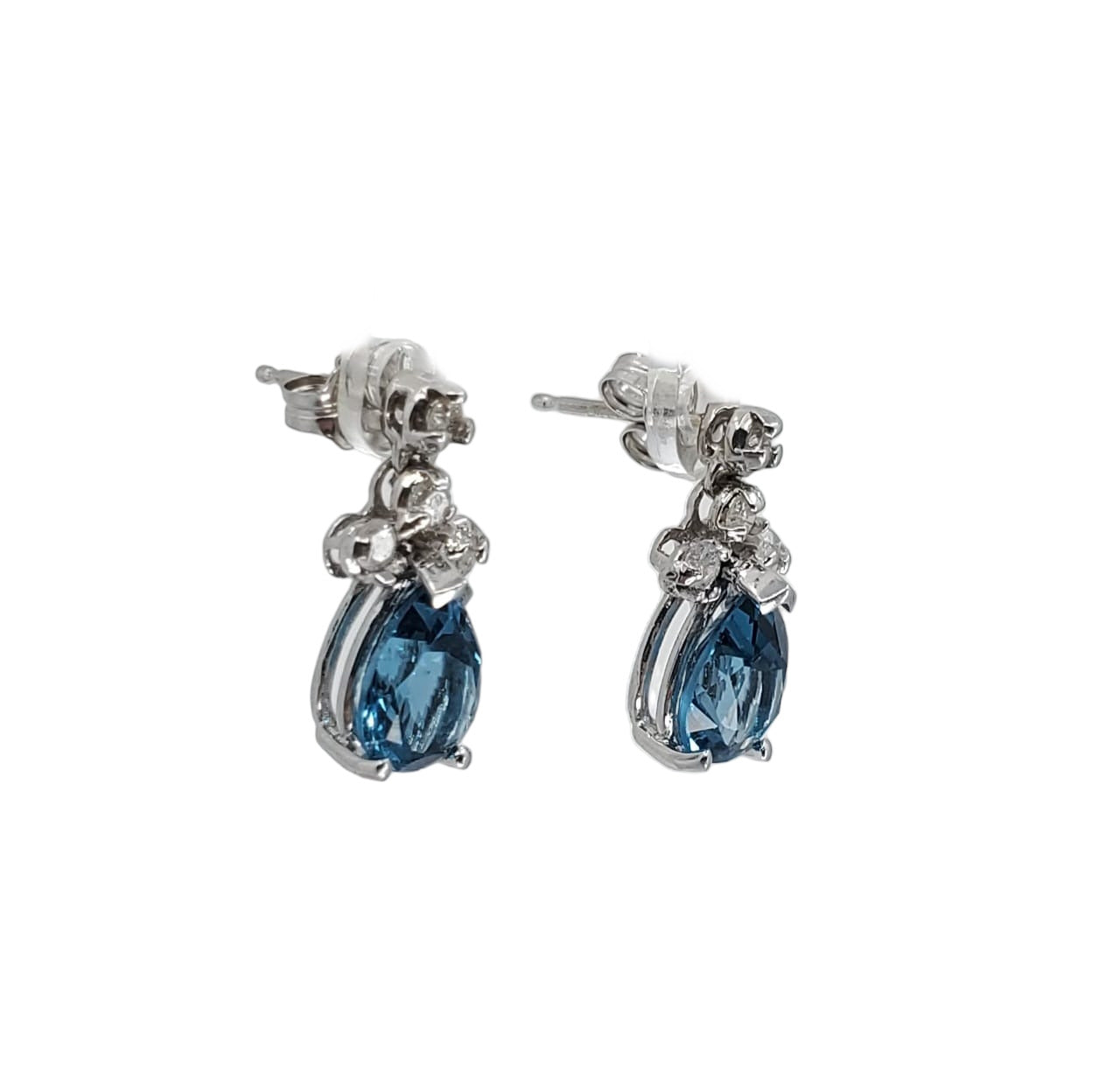 White Gold Blue Topaz and Diamond Drop Earrings