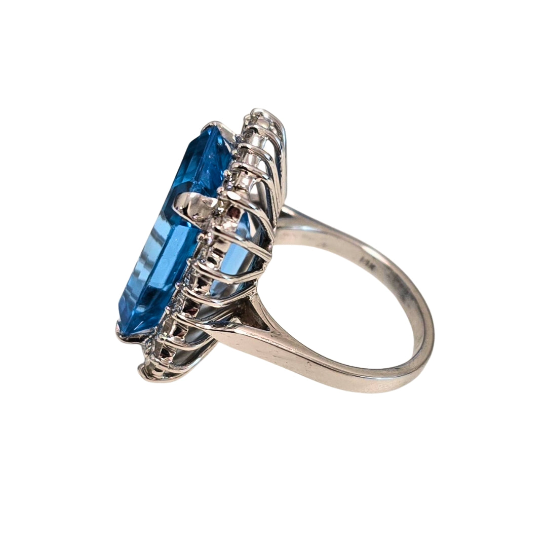 Emerald Cut Aqua and Diamond Cocktail Ring