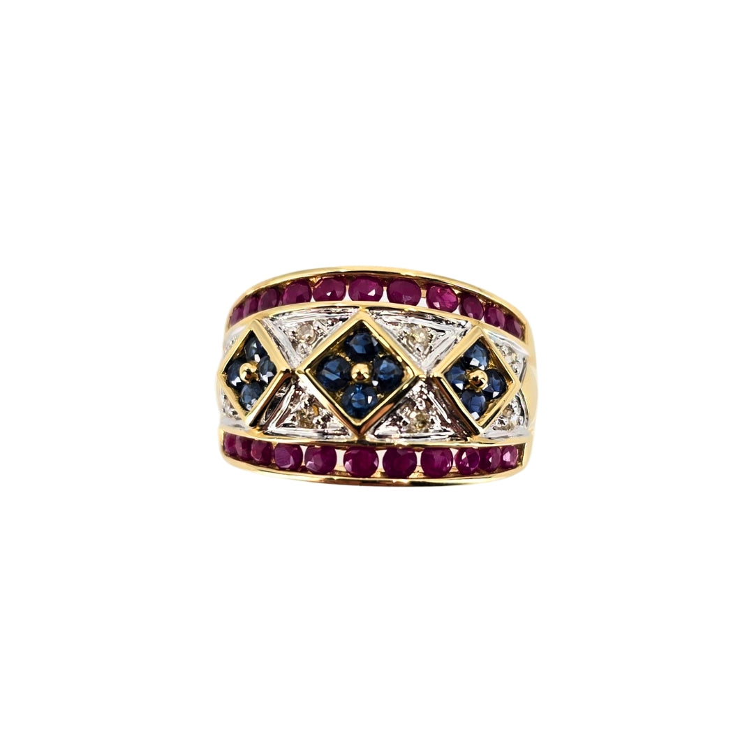 Channel Set Ruby, Sapphire, and Diamond Tapered Band