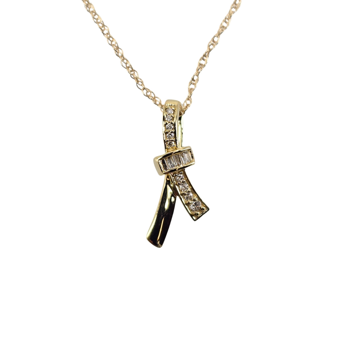 Yellow Gold Round Diamond Ribbon Pendant