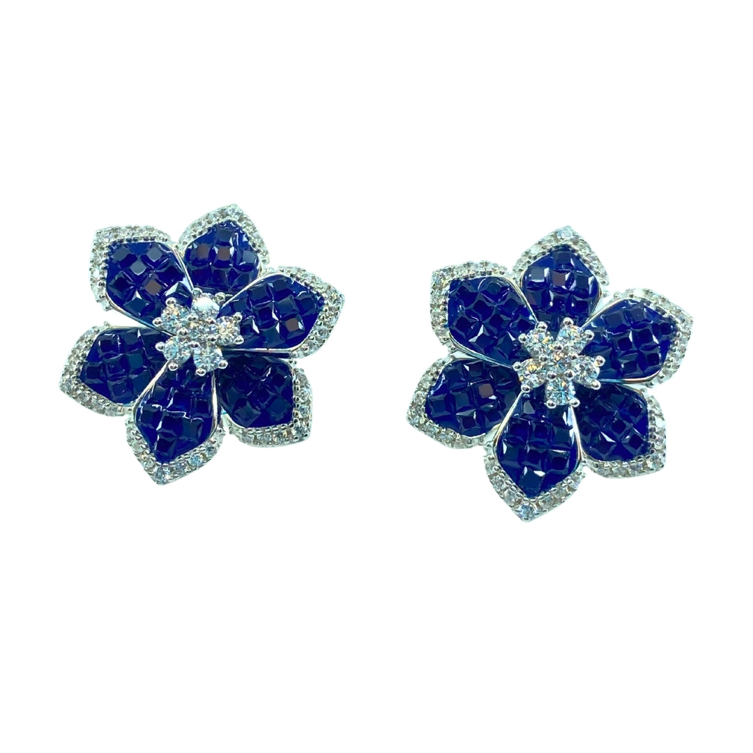White Sterling Silver Blue Crystal Large Flower Earrings