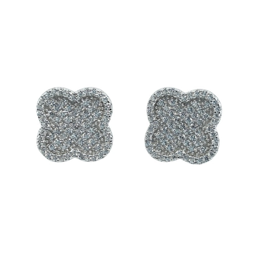 White Sterling Silver Quatrefoil Earrings With Pave Cz