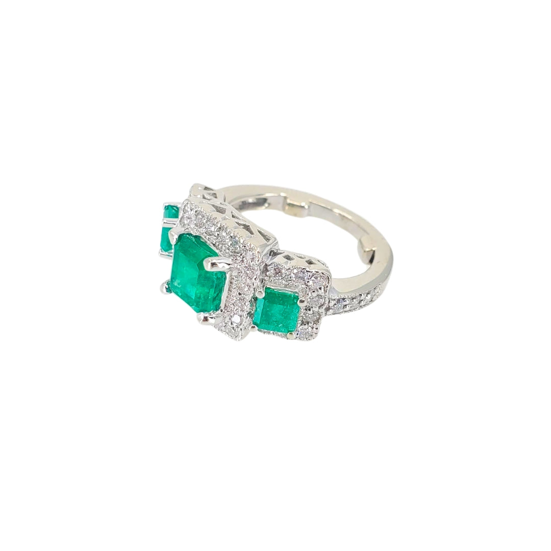 White Gold Three Emerald Cut Emerald and Diamond Ring
