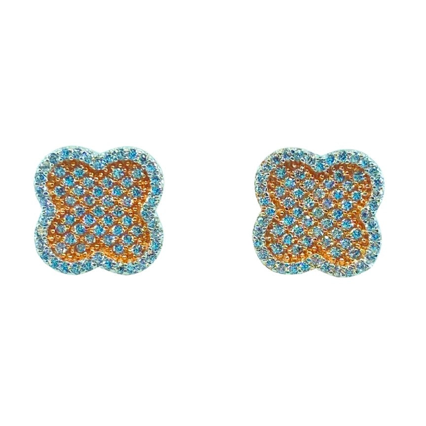 Two Tone Sterling Silver Quatrefoil Earrings With Pave Cz