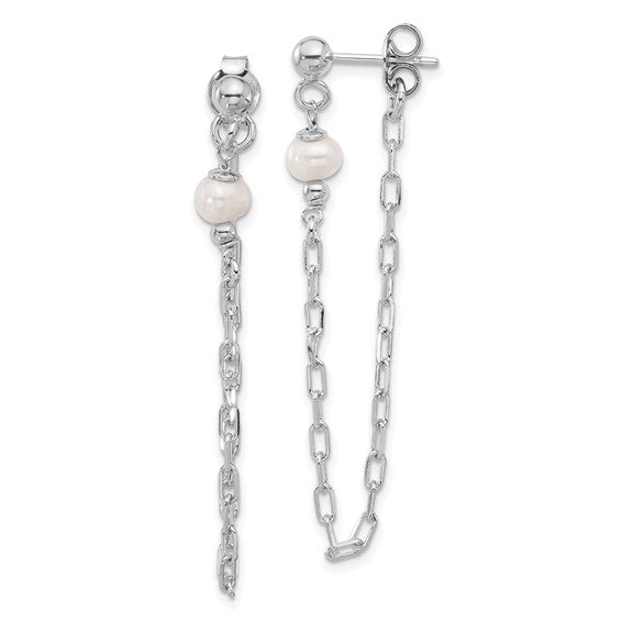 White Sterling Silver Chain Drop Earring with Pearl Accent