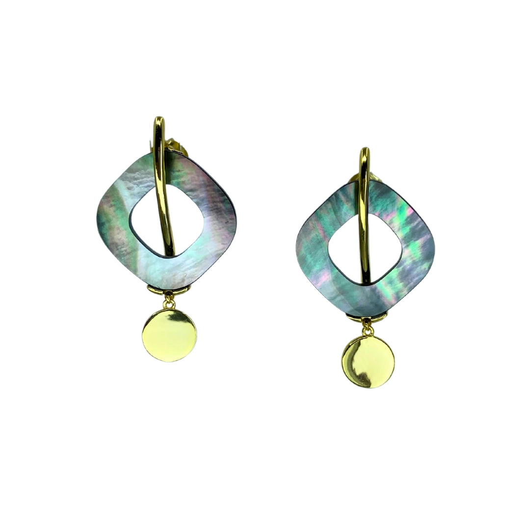 Yellow Sterling Silver Black Mother of Pearl Geometric Earrings