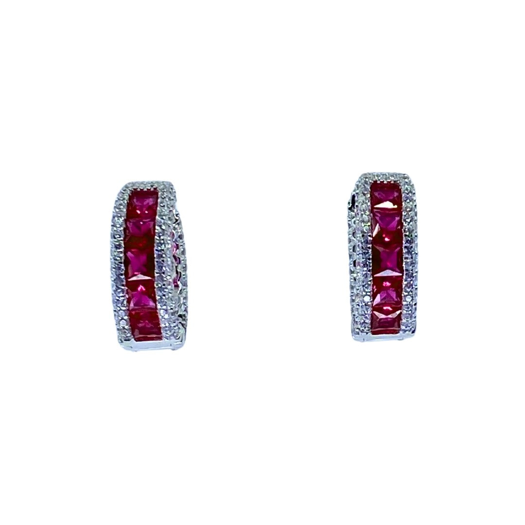 White Sterling Silver Red Cz Huggy Earrings