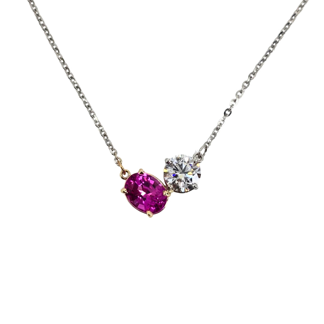 Diamond and Pink Sapphire Moi Et Toi Necklace