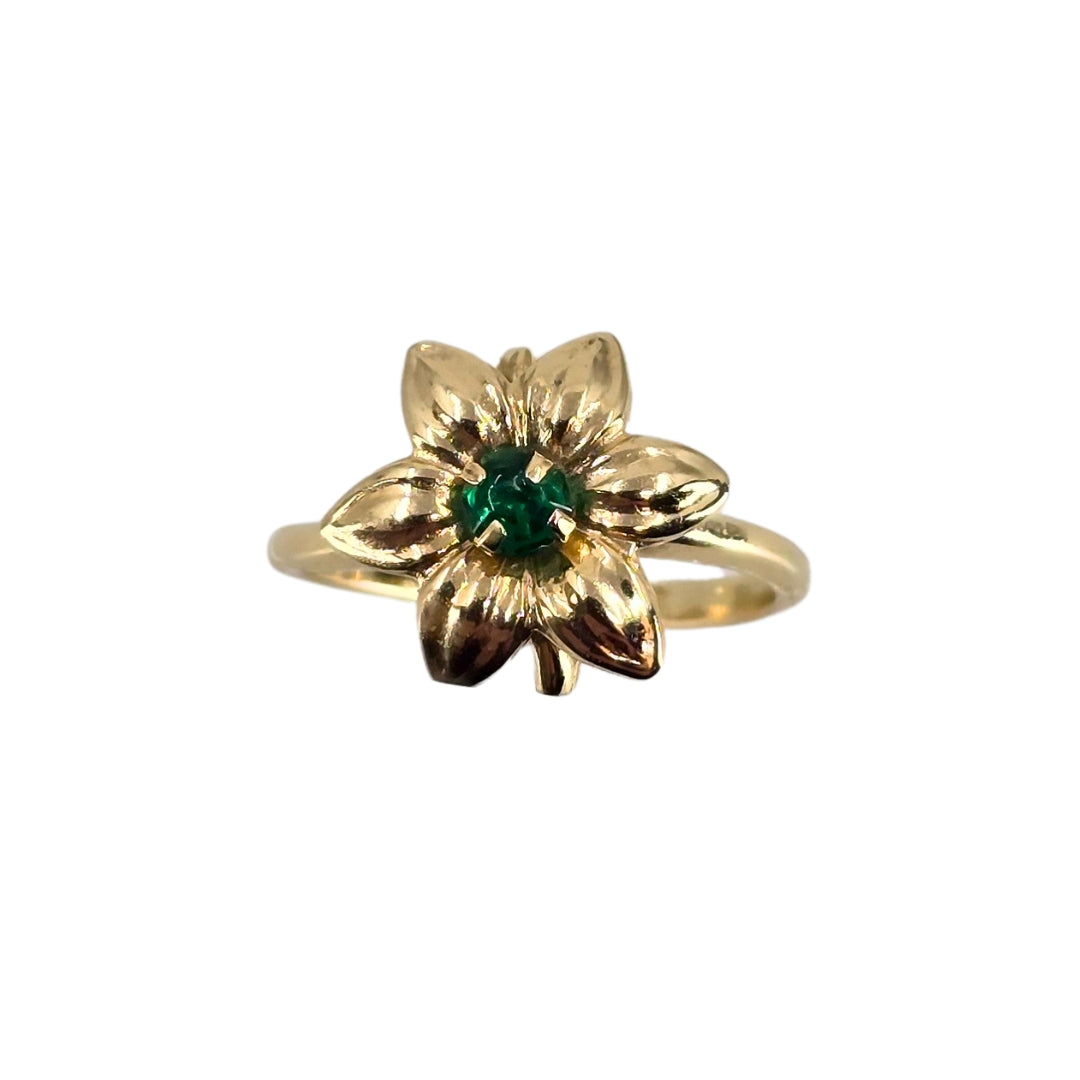 Vintage Yellow Gold Flower Ring with Synthetic Green Stone