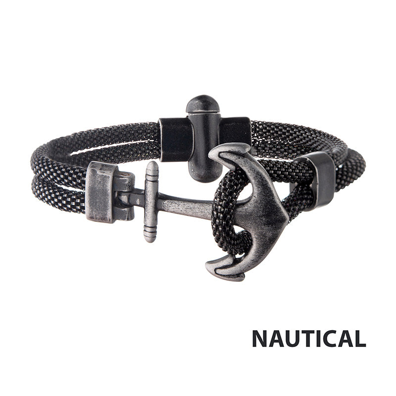 Black Antiqued Mesh Stainless Steel Anchor Bracelet