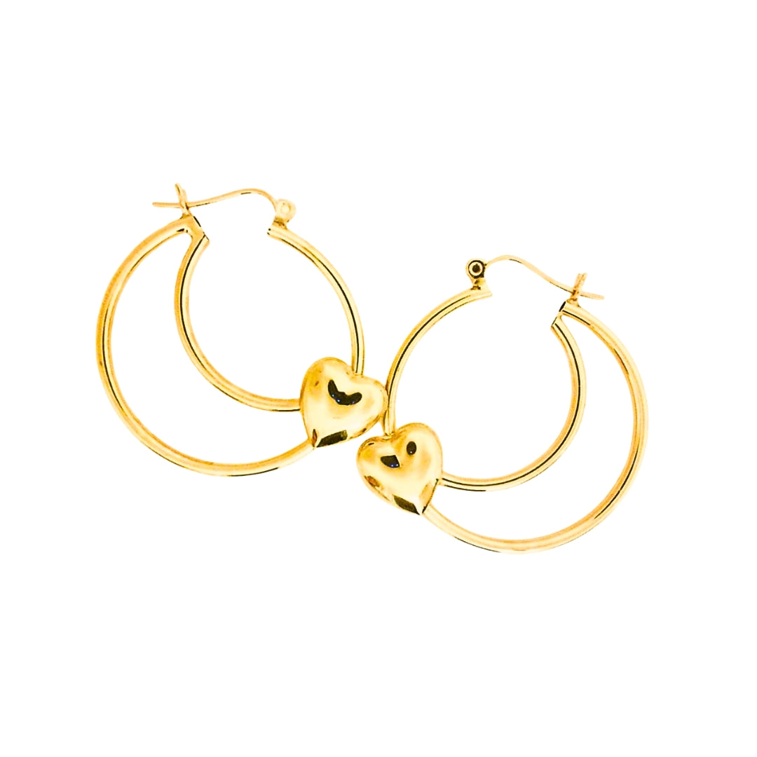 Yellow Gold Double Hoops With Heart