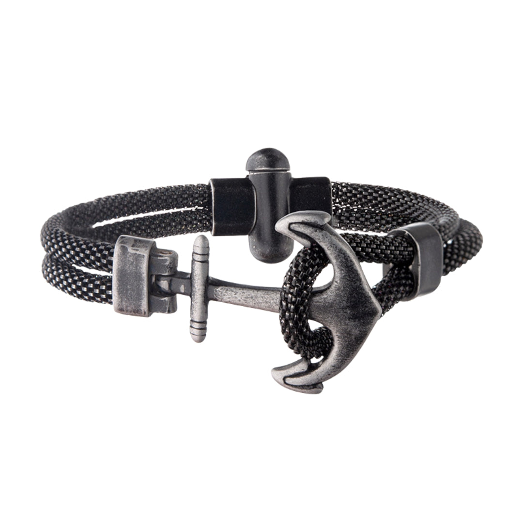Black Antiqued Mesh Stainless Steel Anchor Bracelet