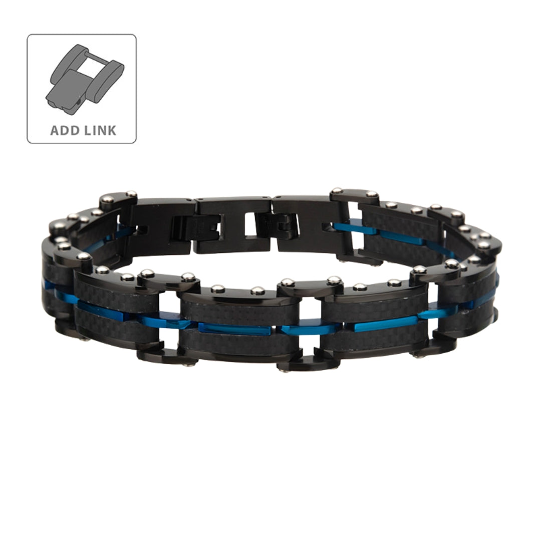 Black Carbon Fiber and Blue IP Link Stainless Steel Bracelet
