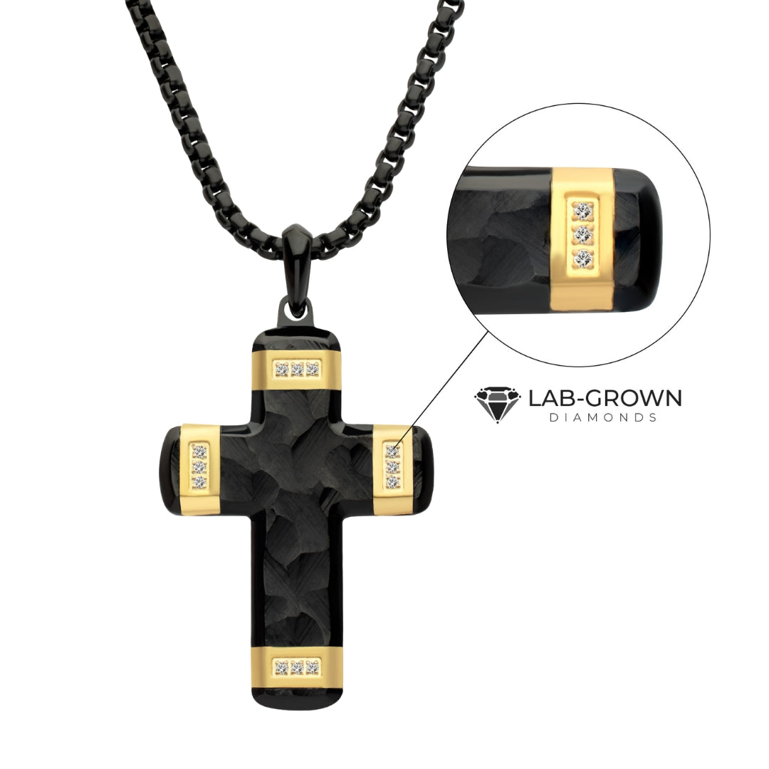 Small Black And Yellow Stainless Steel Cross Pendant with Lab Grown Diamond Accents