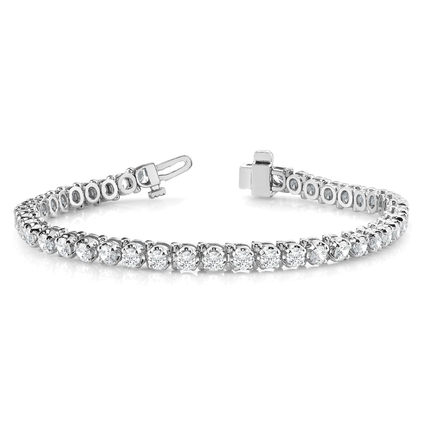 White gold tennis bracelet set with four carats of round diamonds.
