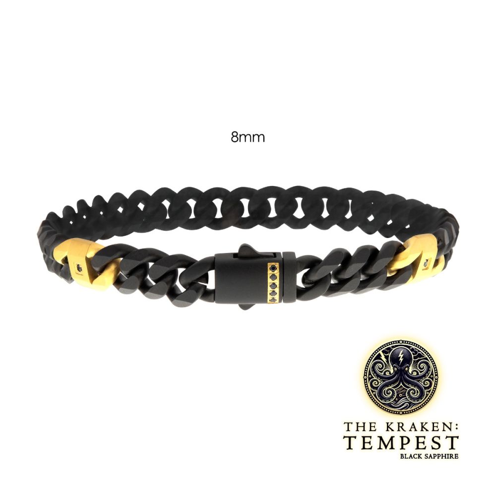Black/Gold Stainless Steel Kraken Bracelet with Black Sapphire Accents