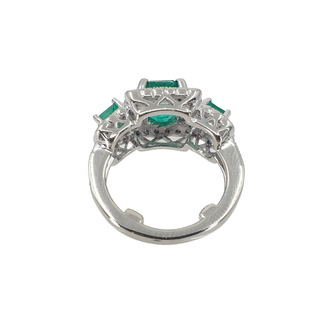 White Gold Three Emerald Cut Emerald and Diamond Ring