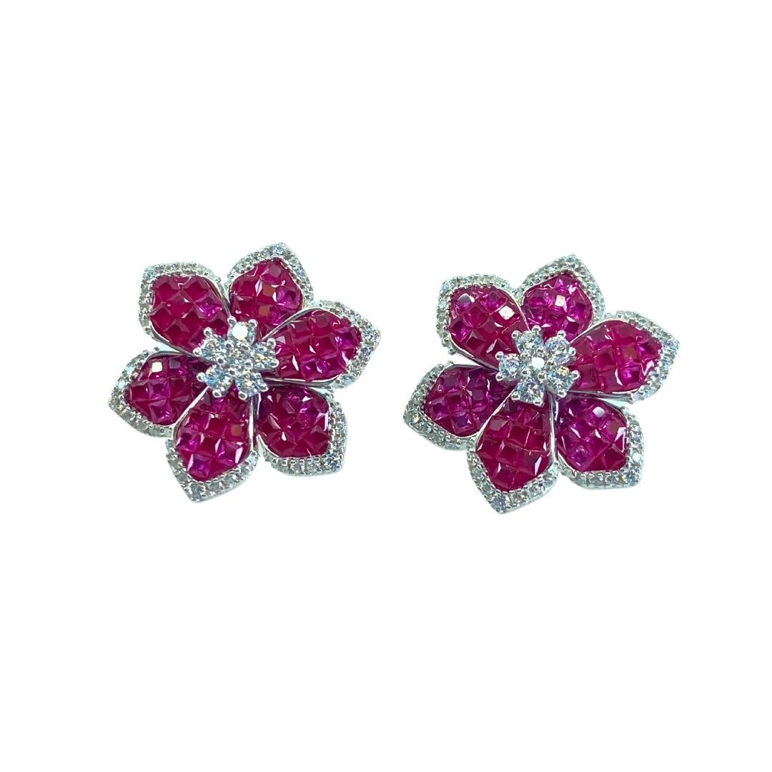 White Sterling Silver Red Crystal Large Flower Earrings