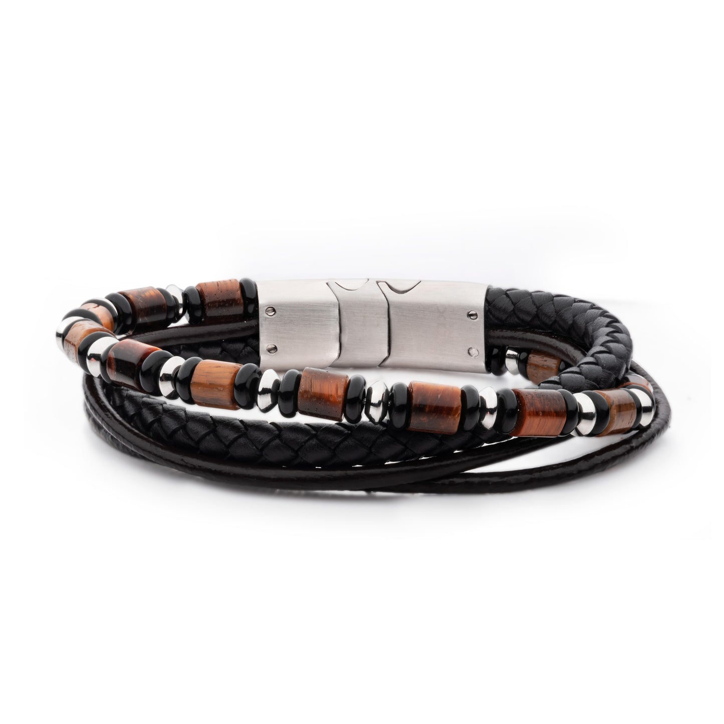 Cowhide Leather and Bead Multi-Strand Bracelet with Magnetic Clasp