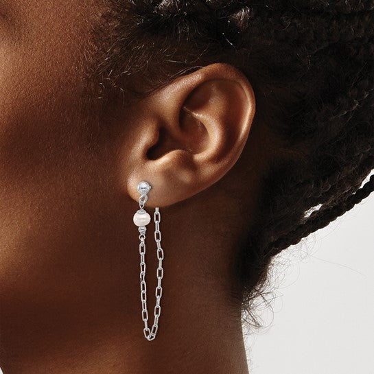 White Sterling Silver Chain Drop Earring with Pearl Accent