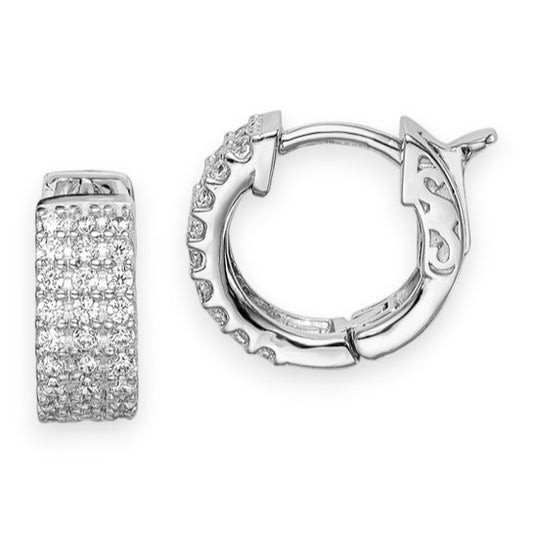 White sterling silver hoop earrings with three rows of pave cz stones.