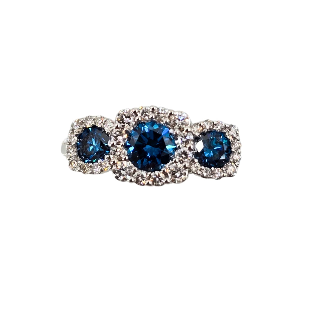 White Gold Blue Diamond Three Stone Ring
