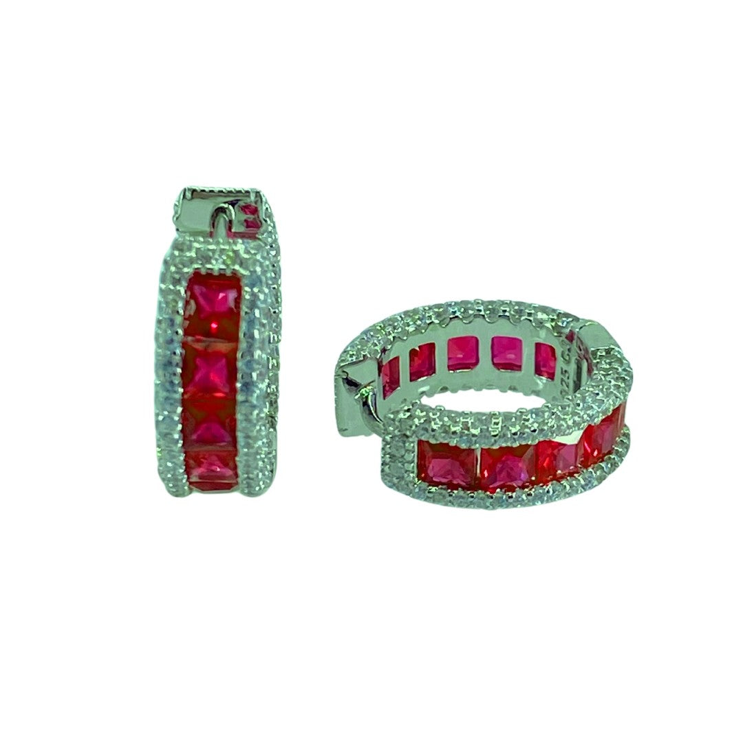 White Sterling Silver Red Cz Huggy Earrings