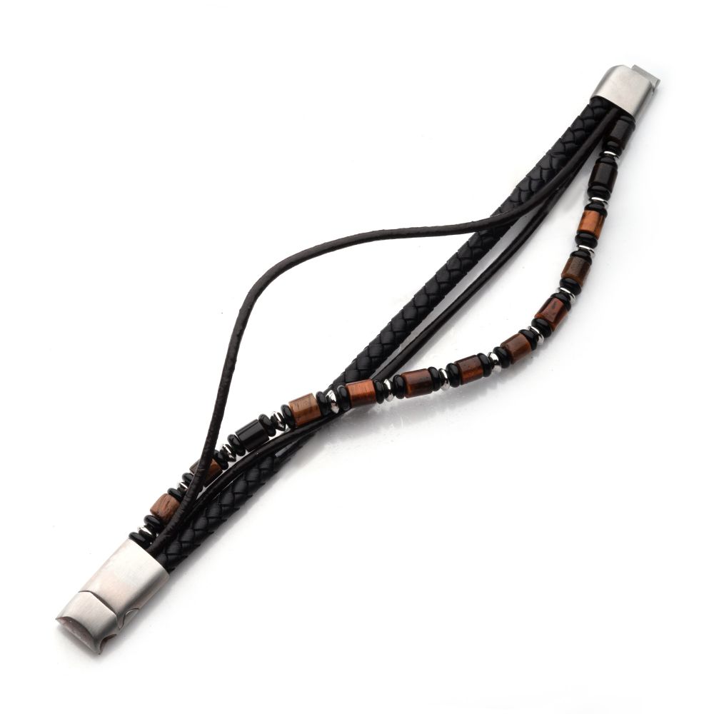 Cowhide Leather and Bead Multi-Strand Bracelet with Magnetic Clasp