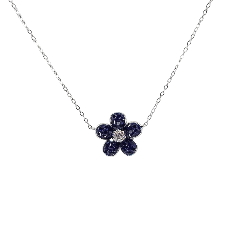 White Sterling Silver Blue and White Crystal Flower Necklace