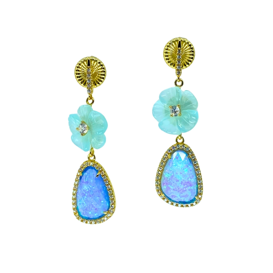 Yellow Sterling Silver Drop Earrings with Crystal Flower and Lab Opal